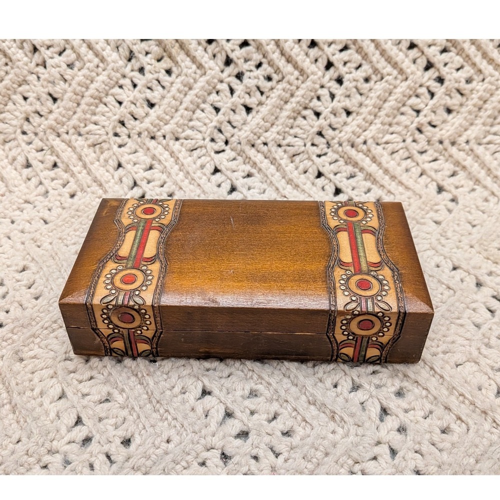 Vintage Polish Wood Folk Art Trinket Box Hand Carved Painted Jewelry Keepsake